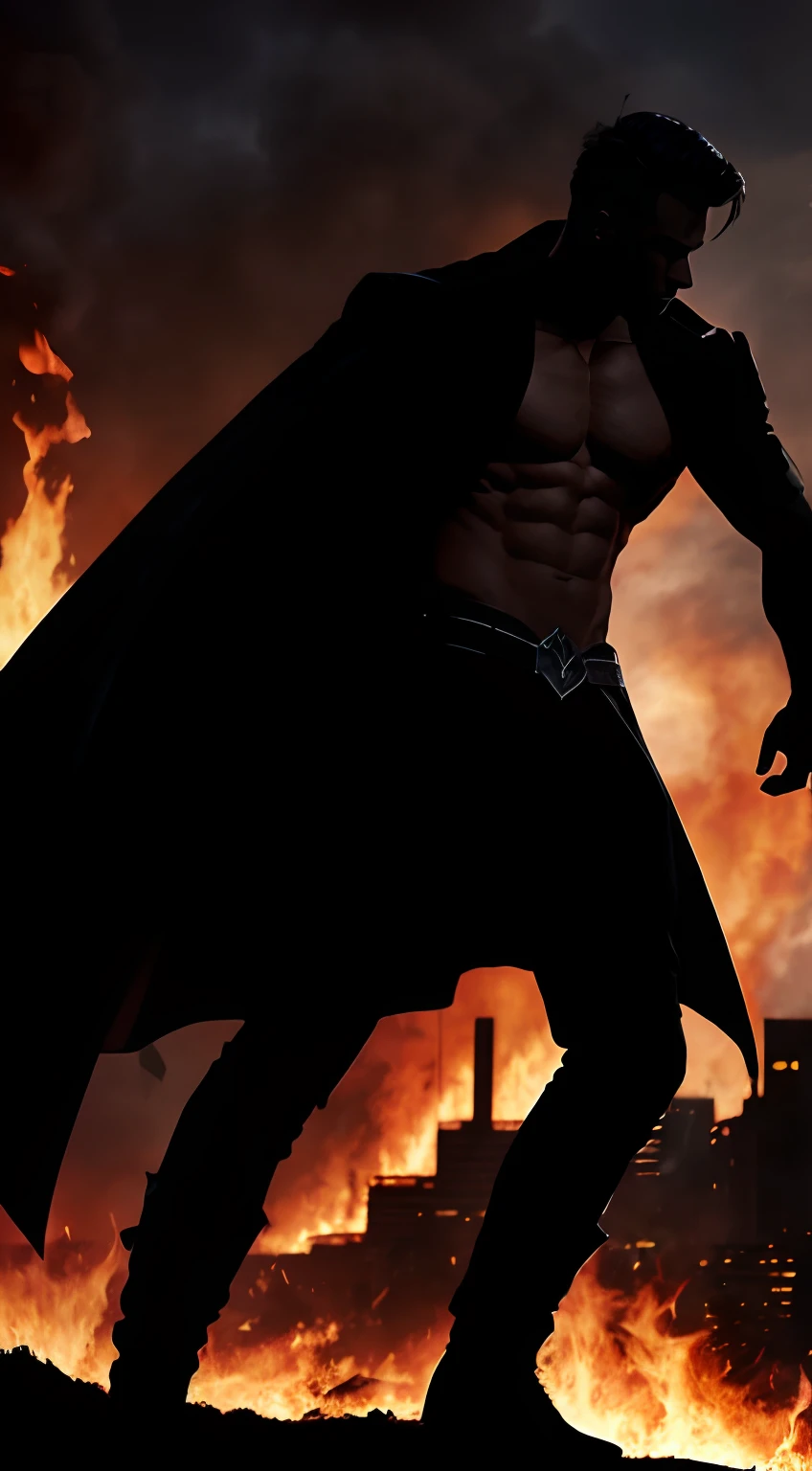 imaginar: closeup of a silhouette of a shirtless young villain, in black pants and black overcoat, his body imbued with fire and dark mist. Ao fundo, They have the destruction of a city and a dark black mist surrounding the place, Fire on the Ground.