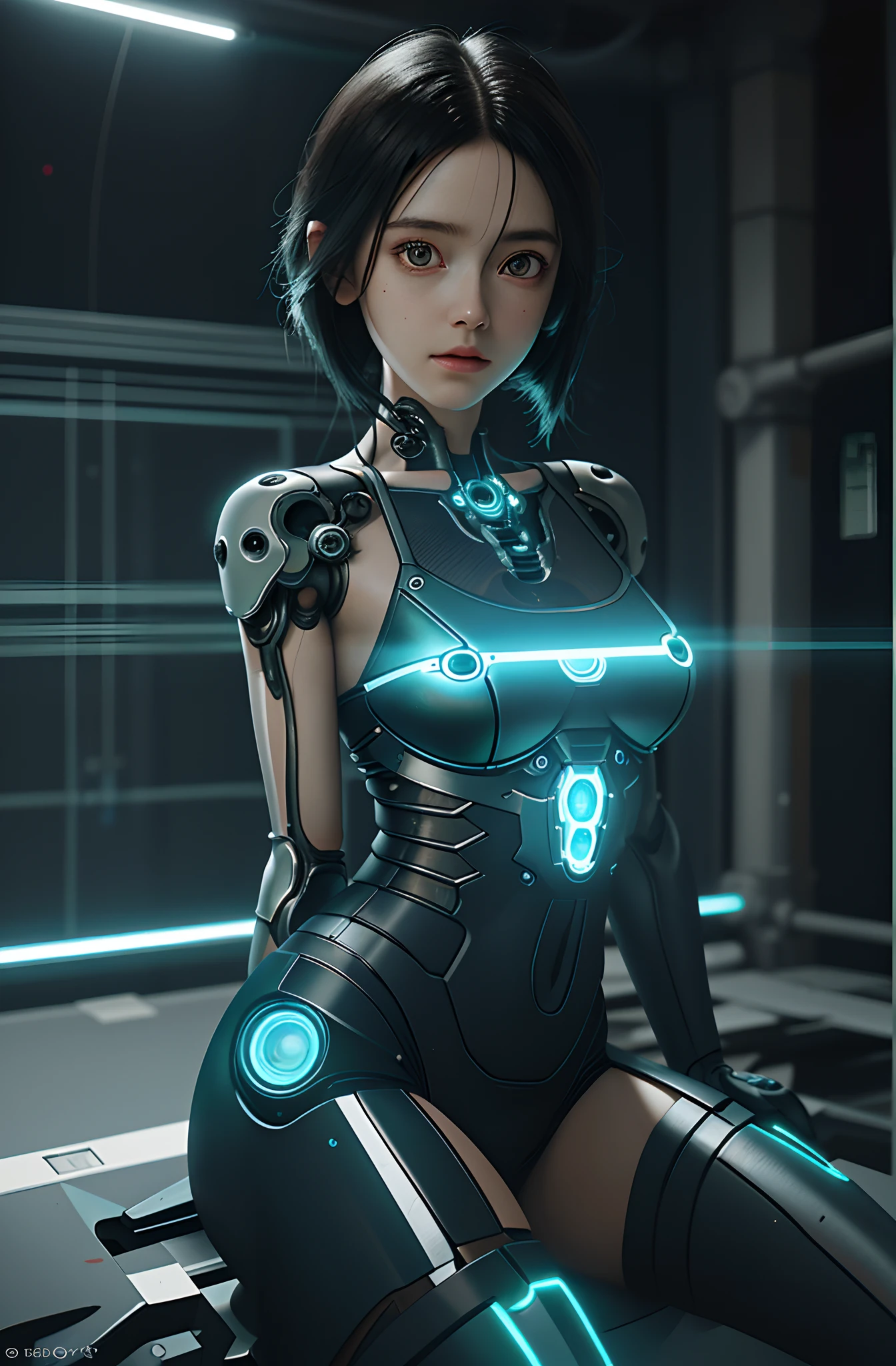 Beautiful full body photo of cute mechanical cyberpunk battle angel Alita, Translucent lacework mechanical limbs and body, blood vessels connected to tubes,mechanical vertebra attaching to the back, mechanical cervical attaching to neck, wires and cables connecting to head, Realistic details, shadowy, Octane Render, 8K, Ultra Ultra Detail, highly intricate detail, Realistic light, Trending on CGSociety, Big eyes, neon details, Depth of field f/2.8