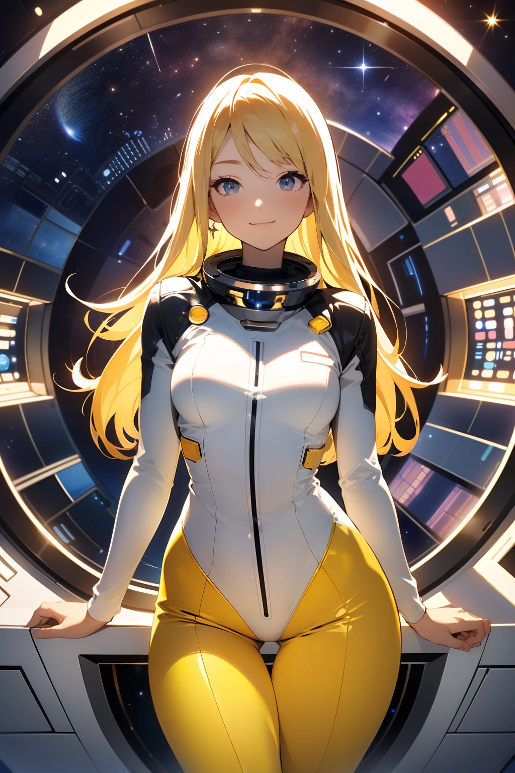 (masterpiece, best quality:1.2), (cowboy shot:1.1), solo, 1girl, mori yuki, slight smile, closed mouth, side view, looking at viewer, blonde hair, long hair, thigh gap, yellow bodysuit, skin-tight, perfect body, large window, (starship porthole:1.3), (spread legs:1.3), (standing:1.1), thigh gap, sensual pose, sideview, perfect hands, bright starship interior, (outer space view:1.1), (orbital view:1.3), (night, stary sky:1.5), milky way