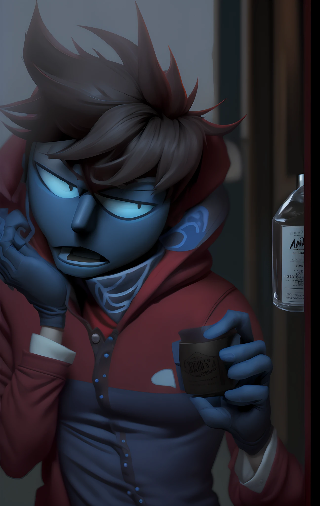 Personagem Tord de Eddsworld segurando um copo whiskey sentado em uma cadeira de bar , vestindo um sobretudo azul com um moletom vermelho por baixo, black colored gloves on your hands, highes definition, blurry background, fundo bar.