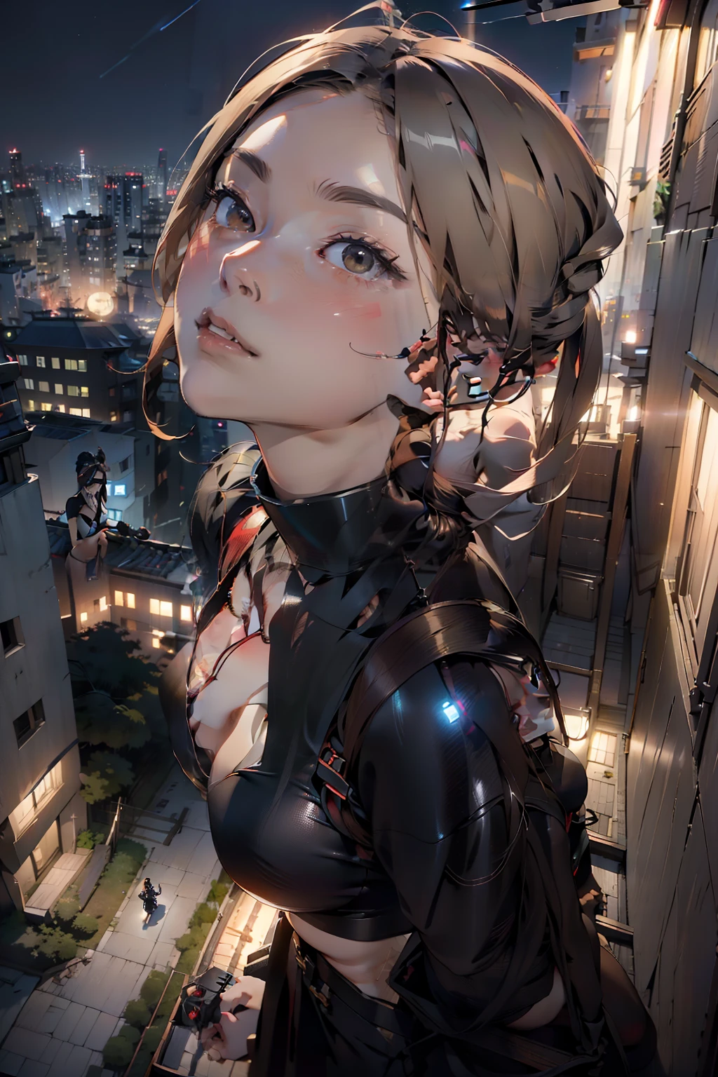 masutepiece、top-quality、hight resolution、Realistic portraits、A detailed face、European young woman、Ash Blonde Girl、Braids、Bikini with a very small leather area、Protruding、maikurobikini、String-type leather bondage、Erotic leather bondage、parfect anatomy、grim facial expression、Very realistic human body、skinny  body、Colossal tits、Standing、Rin々Beautiful woman standing up、dynamic compositions、Dynamic aerial angles、Beautiful woman looking up、Beautiful whole body、Dynamic full-body angles、The top of the skyscraper、Skyscrapers、Concrete buildings、(((Night:1.25、dark ilumination、moonlights、Futuristic skyscraper rooftop:1.2)))、Beautiful night view below、nighttime scene、Neon Street、(((Shooting from a drone,Subjects looking up:1.3)))