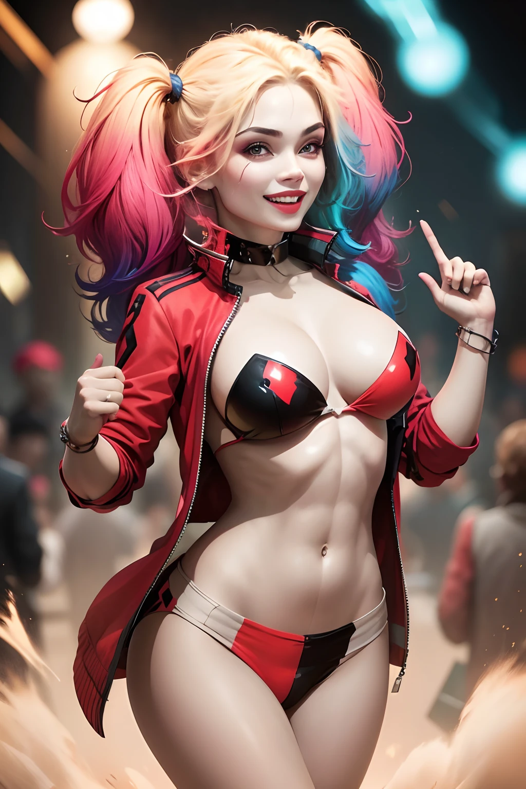 melhor qualidade, ultra-detalhado, cores vibrantes, realistic lighting, Retratos, olhar intenso, sorriso sedutor, maquiagem detalhada, playful and mischievous expression, dinamic poses, Trajes estilosos, energetic and lively atmosphere, diverse and enthusiastic crowd, postura sedutora e provocadora, Powerful and confident presence, peitos pequenos