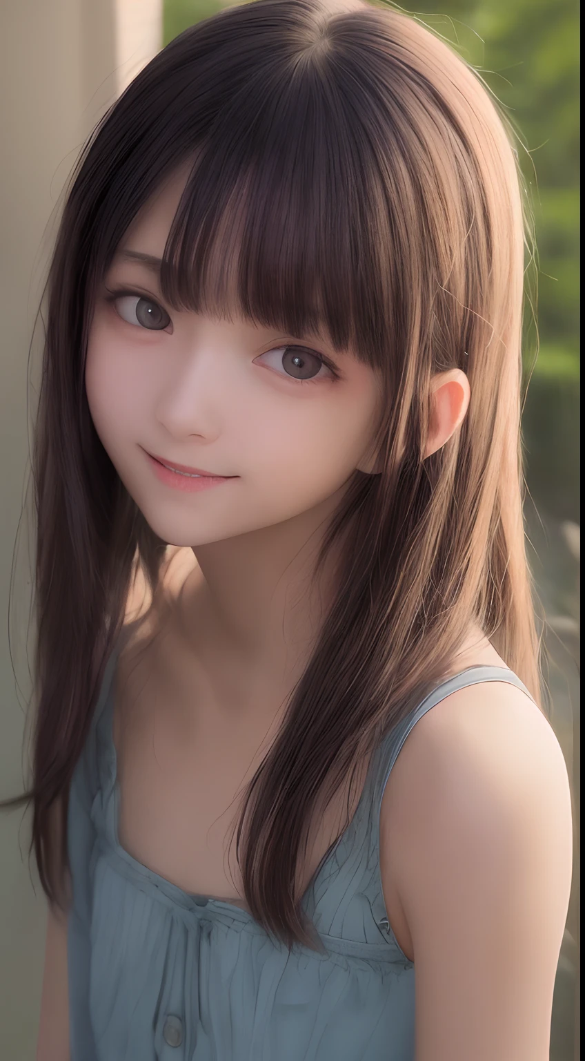 masutepiece, Best Quality, 8K, ars, Teen, Raw photo, absurderes, award winning portrait, Smile, Smile,Front teeth are visible, Solo, Night, neons, Idol face, violaceaess, gardeniass, Delicate girl, Upper body, Straight long black hair,Lustrous hair,Light brown eyes、Shining eyes、clear eyeballs、Skin that seems to draw in、Angle looking down from above me、Looking at the camera、Digital SLR, Looking at Viewer, Candid, Sophisticated, zora々Right, Thin arms, Professional Lighting, Film grain, chromatic abberation, (Eyes and faces with detailed:1.0), (Bokeh:1.1)