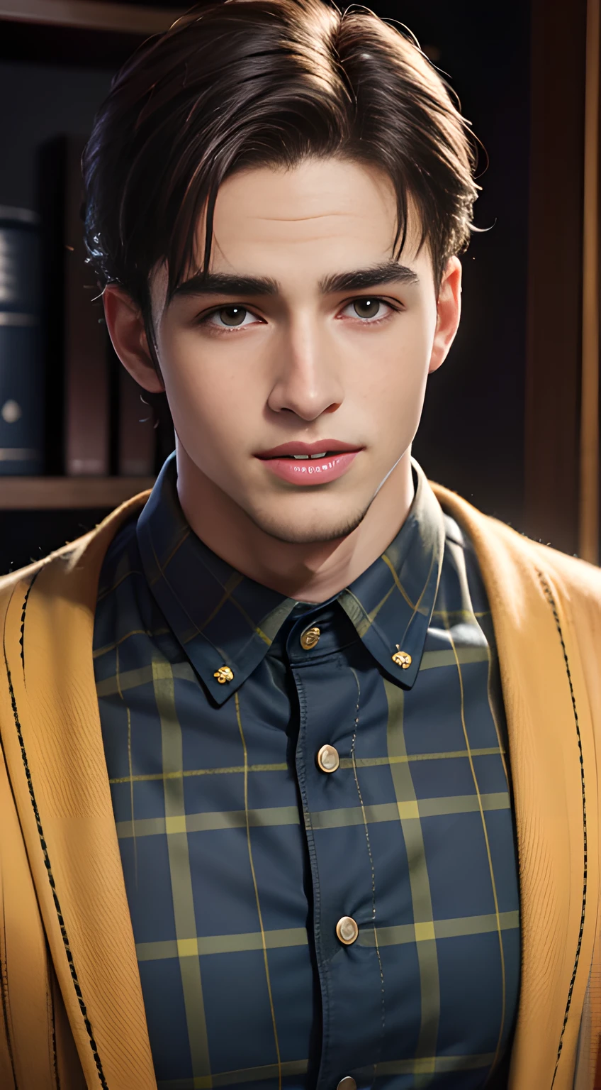 (((Men only))), ((head shot)), (Pietro Boselli), (((wearing yellow tartan checked clothing))), ((Handsome muscular male man in his 20s)), (Big smile), (detaile: 1 in 1), Natural muscles, HIG quality, beautidful eyes, (Detailed face and eyes), (Face、: 1 / 2), Noise, Real Photographics、... .......................................................................................................................PSD, Sharp Focus, High resolution 8K, realisitic & Professional Photography, 8K UHD, Soft lighting, High quality, Film grain, FujifilmXT3