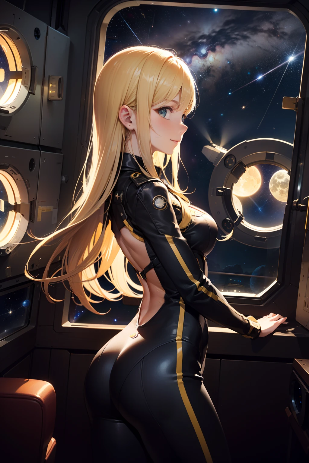 (masterpiece, best quality:1.2), (cowboy shot:1.1), solo, 1girl, mori yuki, slight smile, closed mouth, side view, looking at viewer, blonde hair, long hair, thigh gap, yellow bodysuit, skin-tight, perfect body, large window, (starship porthole:1.3), (spread legs:1.3), (standing:1.1), thigh gap, sensual pose, sideview, perfect hands, bright starship interior, (outer space view:1.1), (orbital view:1.3), (night, stary sky:1.5), milky way