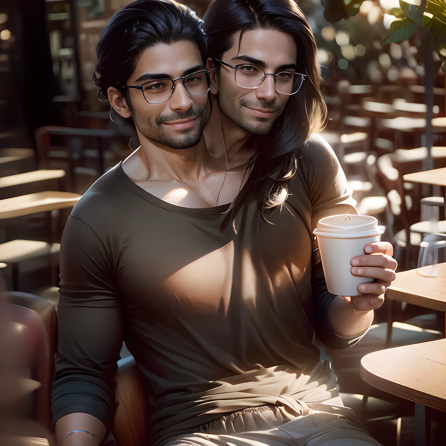 2heads:1.5, chilean man, 18 years old, long black straight hair, hair down, hair in a bun, very thick rimmed glasses, smiling skinny, wearing a  black and white loose shirt, tight short, (big bulge:1.5),, gums visible in smile, delicate body hair visible, visible acne on forehead, sipping a coffee cup, sitting at a busy Starbucks, very detailed and realistic skin with some body hair on arms, some minor blemishes on face, acne,pov, looking away into the distance, twilight lighting,