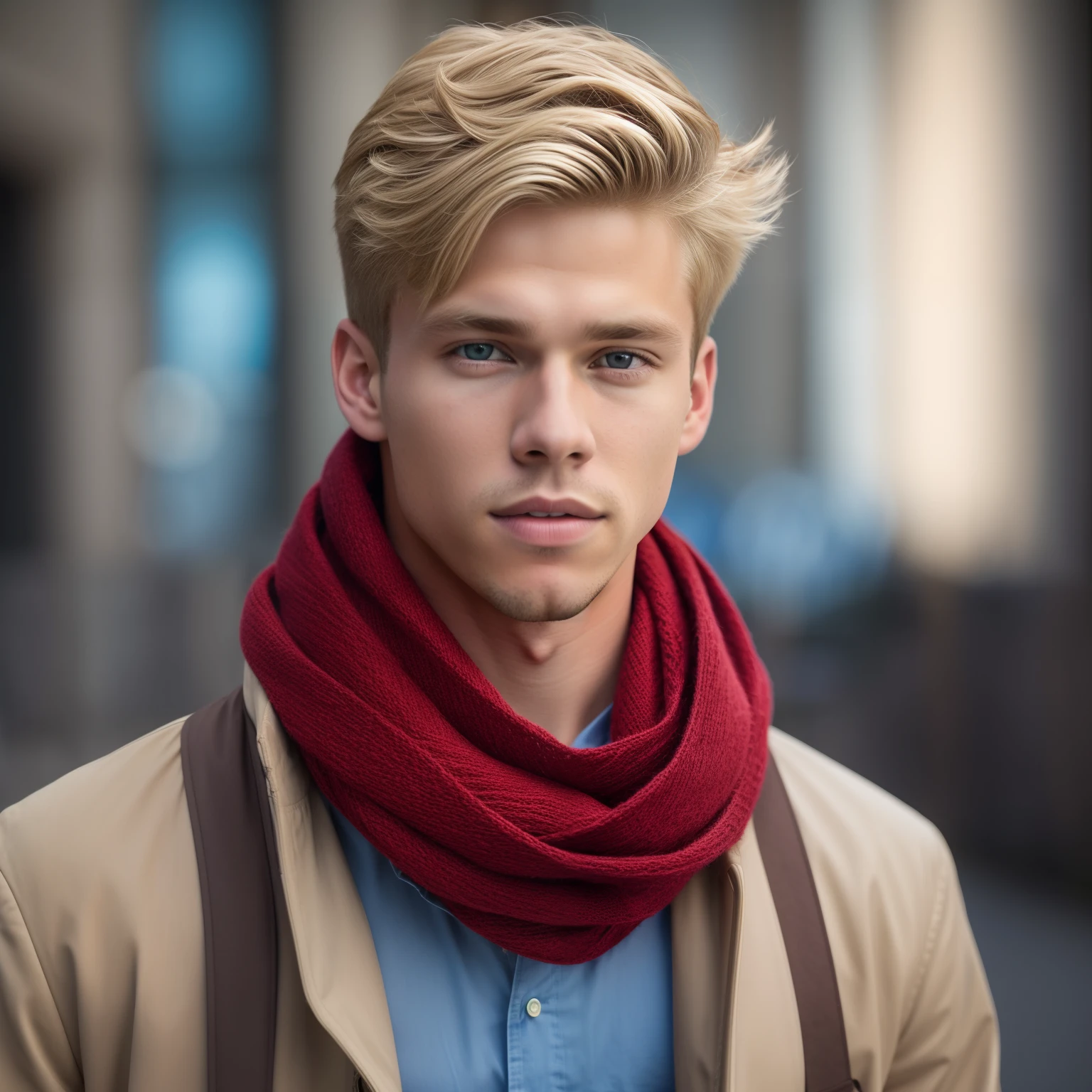 Young boy with blonde hair with blue eyes wearing a red scarf, homem loiro, Blonde and attractive features, cara loiro, jovem bonito, Jovem com rosto bonito, long swept back blond hair, loiro, jovem bonito, Young British blond man, retrato do jovem bonito, bonito rosto atraente, jovem atraente, Macho bonito, homem atraente, modelo bem cuidado, Austin Butler 8k