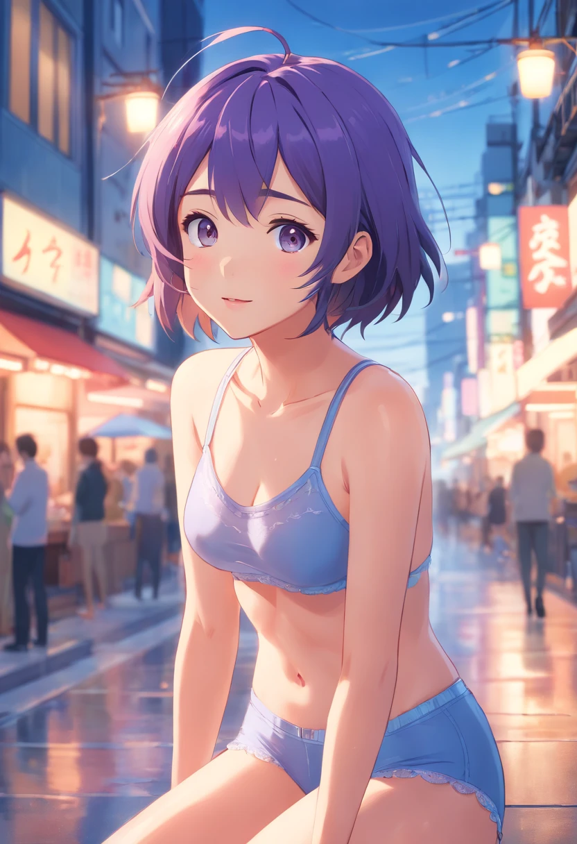 (best quality,4k,8k,highres,masterpiece:1.2),ultra-detailed,realistic,anime,portrait,girl,blue underwear,knee,beautiful detailed eyes,beautiful detailed lips,detailed face,long eyelashes,soft pink cheeks,curly purple hair,adorable smile,playful expression,slightly tilted head,freckles,delicate features,natural lighting,soft color palette,blurred background,subtle bokeh,studio painting effect, no shoes