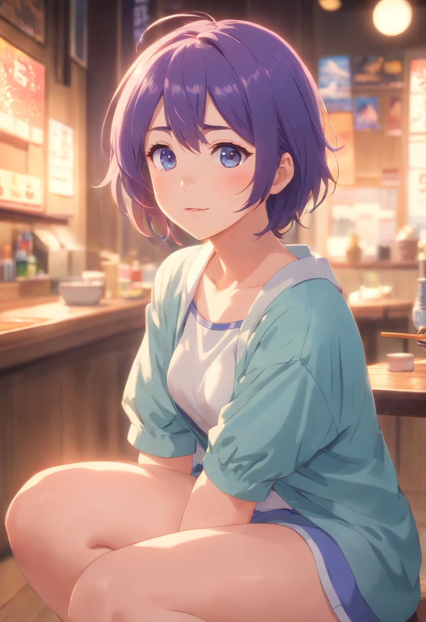 (best quality,4k,8k,highres,masterpiece:1.2),ultra-detailed,realistic,anime,portrait,girl,blue underwear,knee,beautiful detailed eyes,beautiful detailed lips,detailed face,long eyelashes,soft pink cheeks,curly purple hair,adorable smile,playful expression,slightly tilted head,freckles,delicate features,natural lighting,soft color palette,blurred background,subtle bokeh,studio painting effect, no shoes
