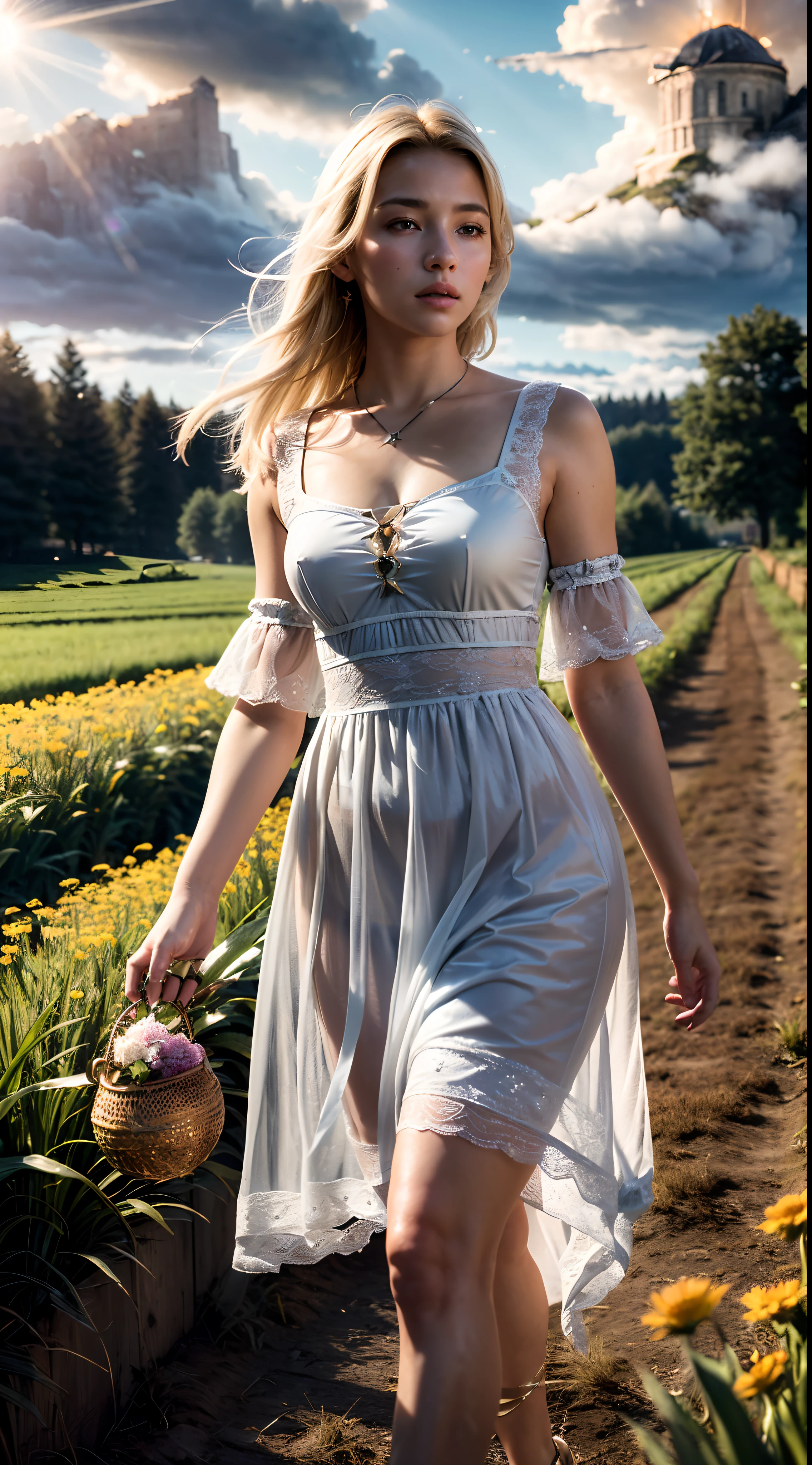 (realistic:1.3), finely detailed, quality, rembrandt lighting, (masterpiece:1.2), (photorealistic:1.2), (best quality), (detailed skin:1.3), (intricate details), dramatic, ray tracing, 1girl, american white girl, blonde hair, 21 years old, medium breasts, (Meadow, Sun, Clouds, Field, Farming, Starlight, Walking trail)