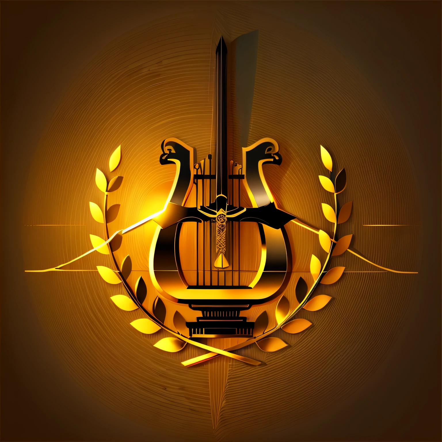 Design a 2D logo featuring a seven-string lyre with a golden horizontal bow overlaid on top of it. Black background, Additionally, include a sword with a golden hilt and a flaming blade. The sword should be in a vertical position, overlaid onto the bow, with its blade centered on the bow to simulate an arrow.

Artists: Logo designers with experience in 2D design.