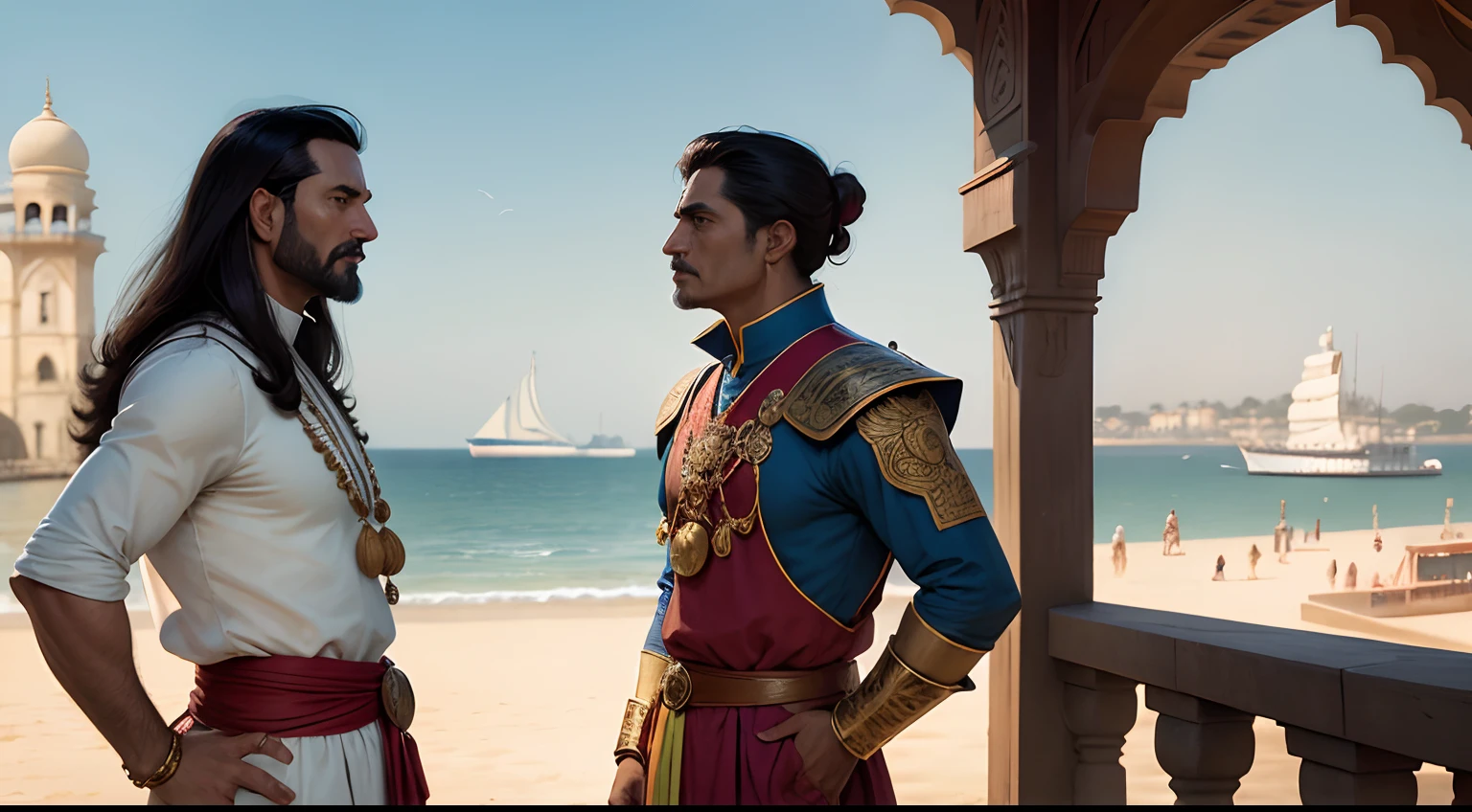 side view, full scene, Comic Style, a ultra detailed illustration of a sixteenth-century Portuguese navigator talks to an Indian ruler of the sixteenth-century city of Calicut, They are standing on the city pier, in the background details of the blurred coastal city, art by Boris Vallejo
