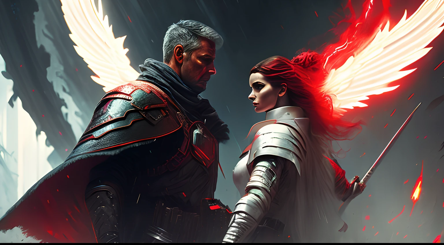 a warrior angel of light in white clothes and a warrior angel of darkness wearing red clothes fighting, cinematic, 4k, Steven Spielberg epic film, sharp focus, emitting diodes, smoke, artillery, sparks, racks, system unit, motherboard , by pascal blanche rutkowski repin artstation hyperrealism painting concept art detailed character design vibrant painting, Blade Runner in 4K resolution