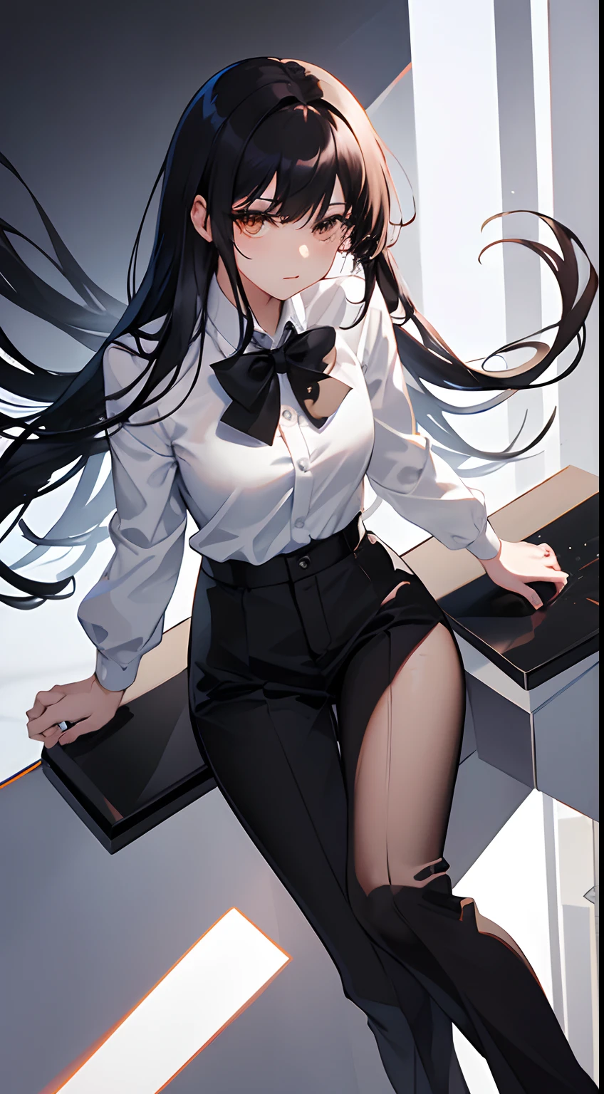 1woman, solo, full body, white button up shirt, black high heels, black slacks, black bowtie, masterpiece, best quality, looking at viewer, long black hair, hime style bangs, brown eyes color, slender, high resolution, sharp focus, white mecha guns, mature, ojosama, bishojo