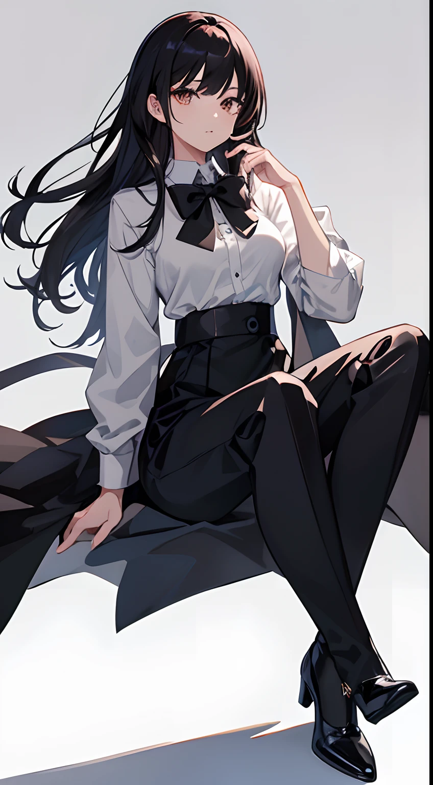 1woman, solo, full body, white button up shirt, black high heels, black slacks, black bowtie, masterpiece, best quality, looking at viewer, long black hair, hime style bangs, brown eyes color, slender, high resolution, sharp focus, white mecha guns, mature, ojosama, bishojo