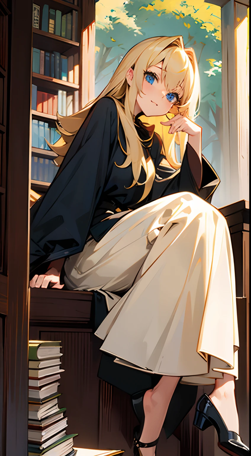 Anime girl sitting on a book shelf with a book in her hand - SeaArt AI