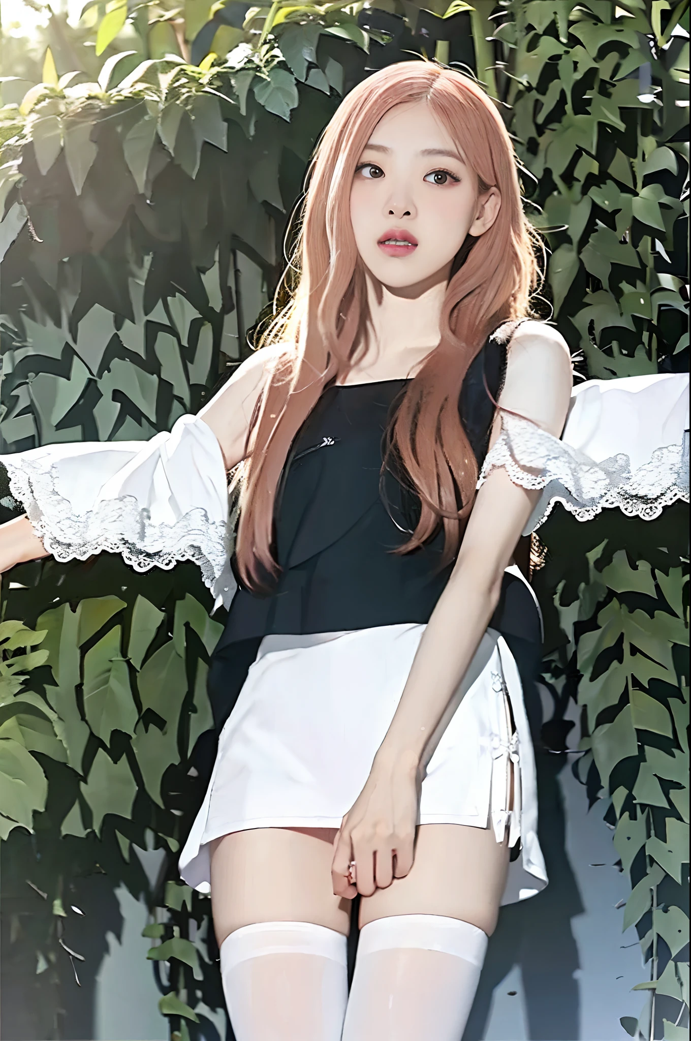 Blackpink Rosé, ((European pre-teen)), excited girl, tiny nightgown, white tights up to the waist, no panties, vagina with small hairs, close-up from thighs to face, shot from below, very fair skin, very long hair, wavy hair, blonde hair, Garden, sunrise, photorealistic, Indirect lighting, volumetric light, ray tracing, hyper-detailed, best quality, ultra-high resolution, HDR, 8k