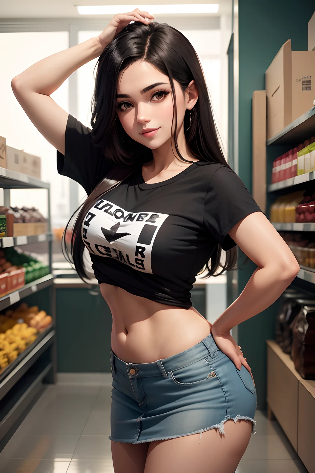 joven aparece dando la espalda, ojos delineados, sonriente, cabello negro muy largo lacio, T-shirt marking the bra, She will wear a tight short skirt, cintura delgada, pechos muy grandes saltones, cadera enorme, ombligo, will be in super market