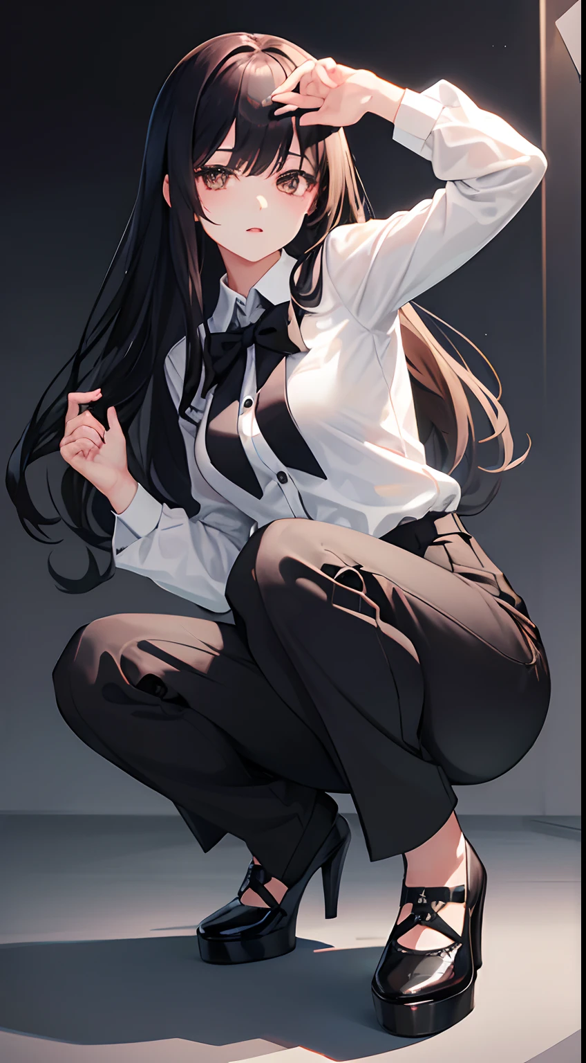 1woman, solo, full body, white button up shirt, black high heels, black slacks, black bowtie, masterpiece, best quality, looking at viewer, long black hair, hime style bangs, brown eyes color, slender, high resolution, sharp focus, white mecha guns, mature, ojosama, bishojo