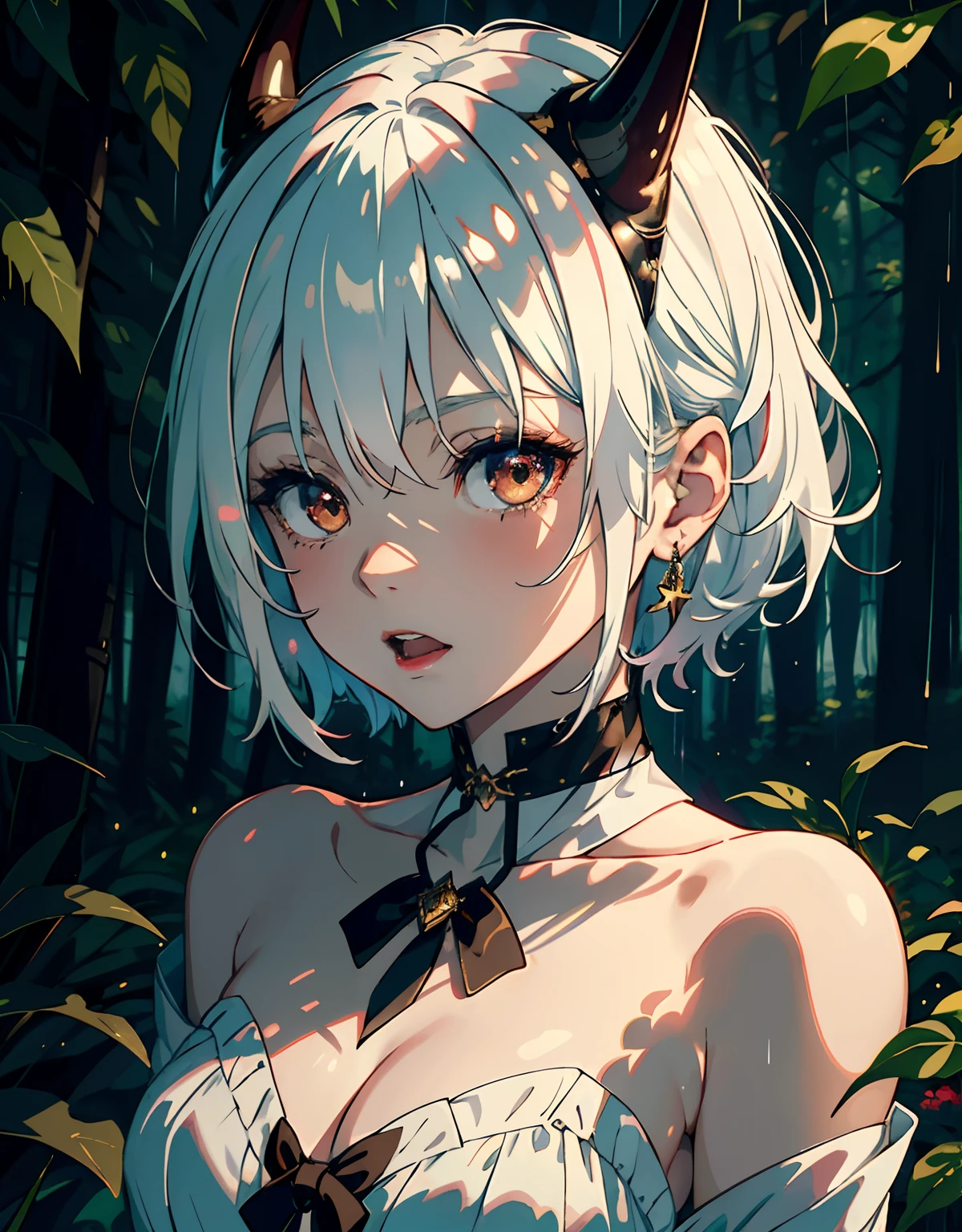 ((masterpiece, best quality)), (1girl, anime girl in night rain, forest),(mature, devil horn, pale skin), (solo), (female focus), (light blue hair, medium hair),yellow eyes, ((nude, nsfw, choker, huge breasts)), pale skin, evil, vicious, yandere, portraits, close up, upper body, vibrant colors, soft lighting