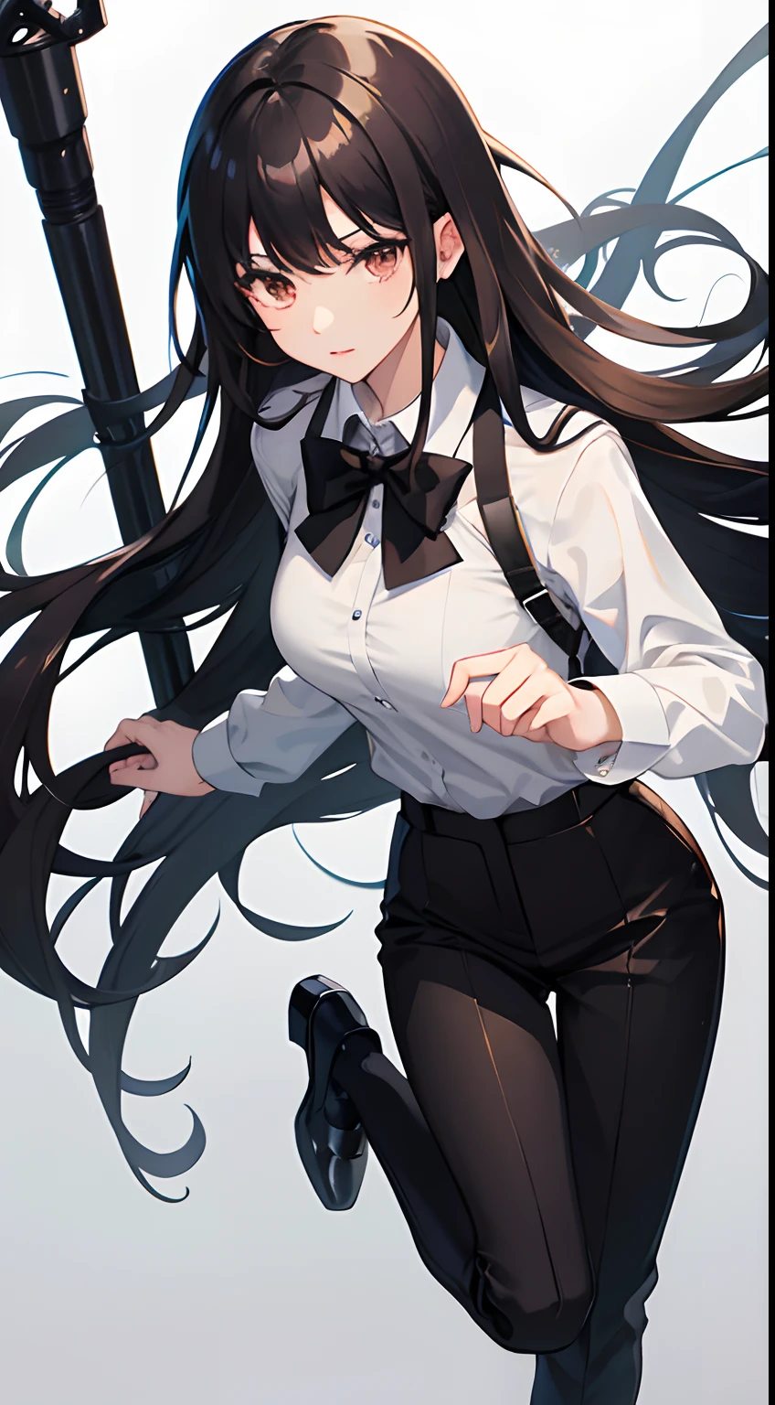 1woman, solo, full body, white button up shirt, black high heels, black slacks, black bowtie, masterpiece, best quality, looking at viewer, long black hair, hime style bangs, brown eyes color, slender, high resolution, sharp focus, white mecha guns, mature, ojosama, bishojo