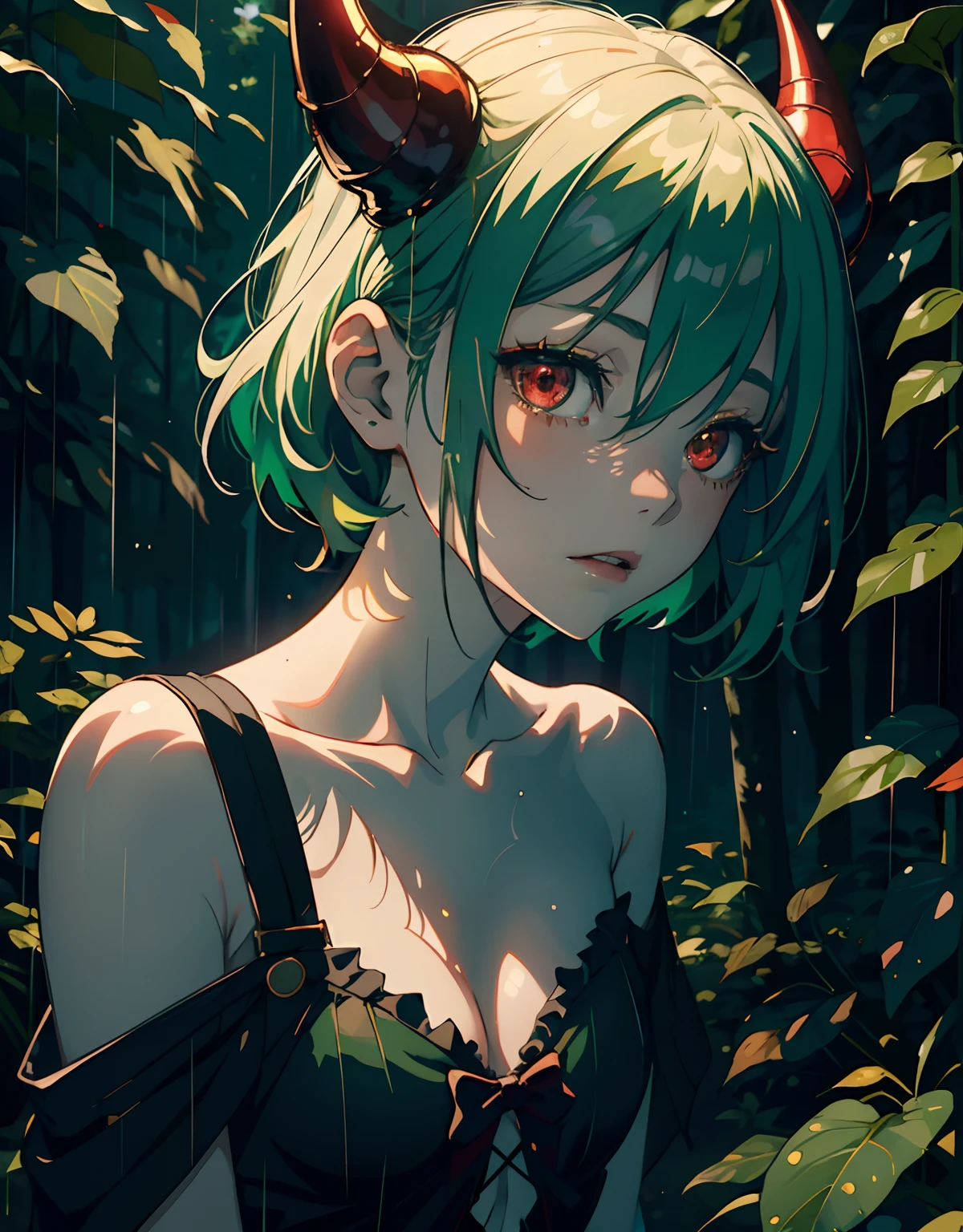 ((masterpiece, best quality)), (1girl, anime girl in night forest, rain),(li, liirl, pale skin, devil horn), (solo), (female focus), (green hair, medium hair),red eyes, ((exposed shoulder)), pale skin, evil, vicious, yandere, portraits, close up, upper body, vibrant colors, soft lighting