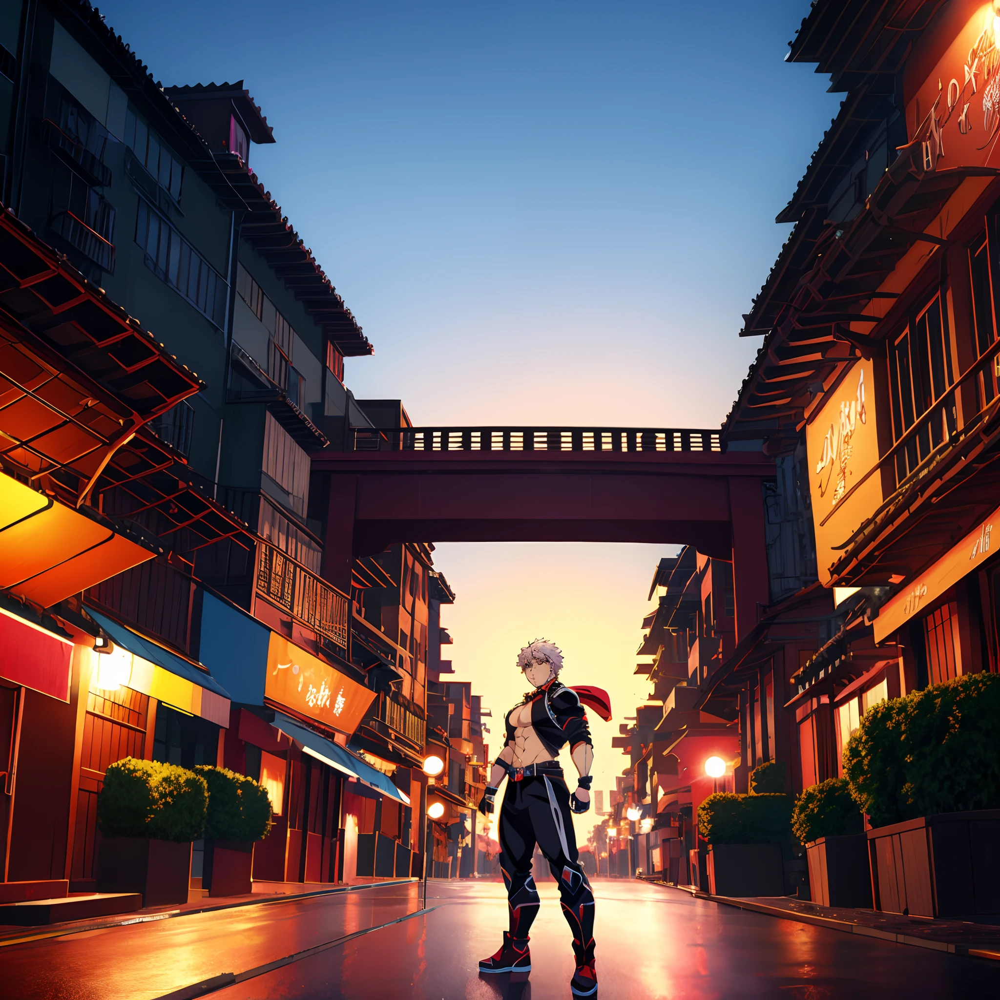 Sexy muscular anime character standing in the middle of a city street at night, hero pose colorful city lighting, badass anime 8 k, epic 8 k hd anime shot, musculoso, Arte Oficial, conceito de anime hdr anime macmanus, Anime cyberpunk moderno, Estilo anime 4K, official illustration, six pack, arte oficial altamente detalhada, papel de parede anime 4k, arte chave, key art anime sharp focus