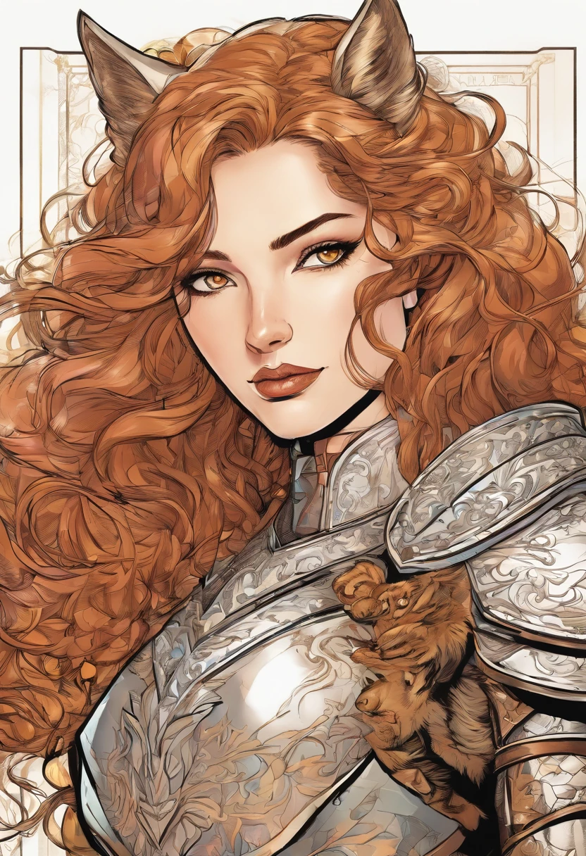 A beautiful woman ,Wolf knight, fine armor, intricate design, brown details, silk, cinematic lighting, 4k, floating hair, sharp, prism, shining knight