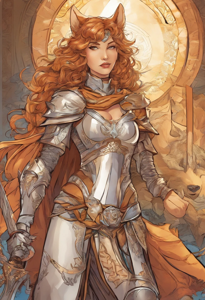 A beautiful woman ,Wolf knight, fine armor, intricate design, brown details, silk, cinematic lighting, 4k, floating hair, sharp, prism, shining knight
