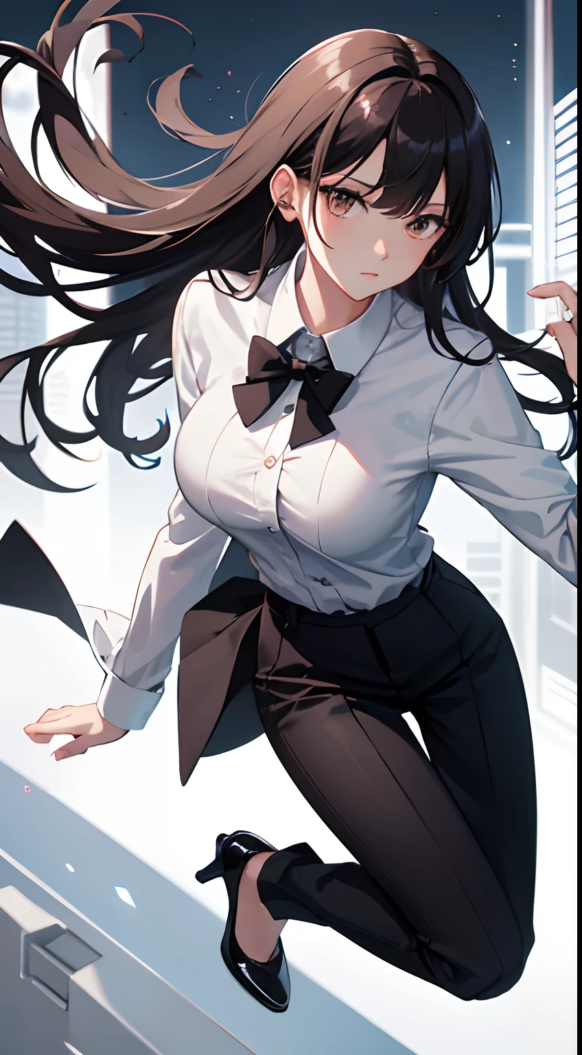 1woman, solo, full body, white button up shirt, black high heels, black slacks, black bowtie, masterpiece, best quality, looking at viewer, long black hair, hime style bangs, brown eyes color, slender, high resolution, sharp focus, white mecha guns, mature, ojosama, bishojo