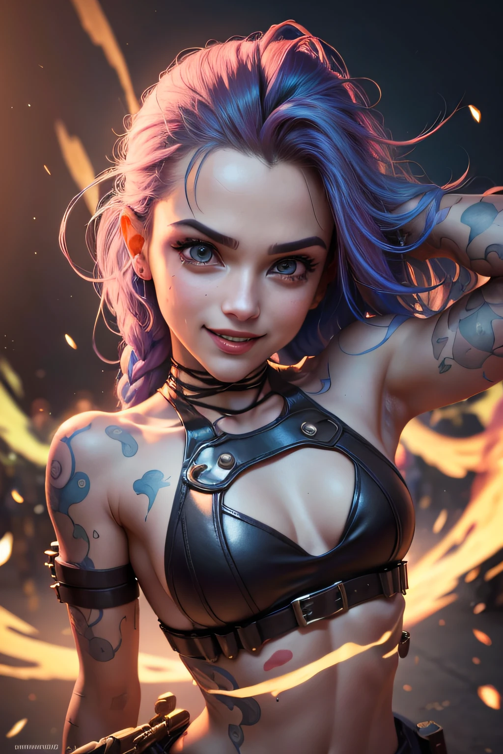 melhor qualidade, ultra-detalhado, cores vibrantes, realistic lighting, Retratos, olhar intenso, sorriso sedutor, maquiagem detalhada, playful and mischievous expression, dinamic poses, Trajes estilosos, energetic and lively atmosphere, diverse and enthusiastic crowd, postura sedutora e provocadora, Powerful and confident presence, peitos pequenos