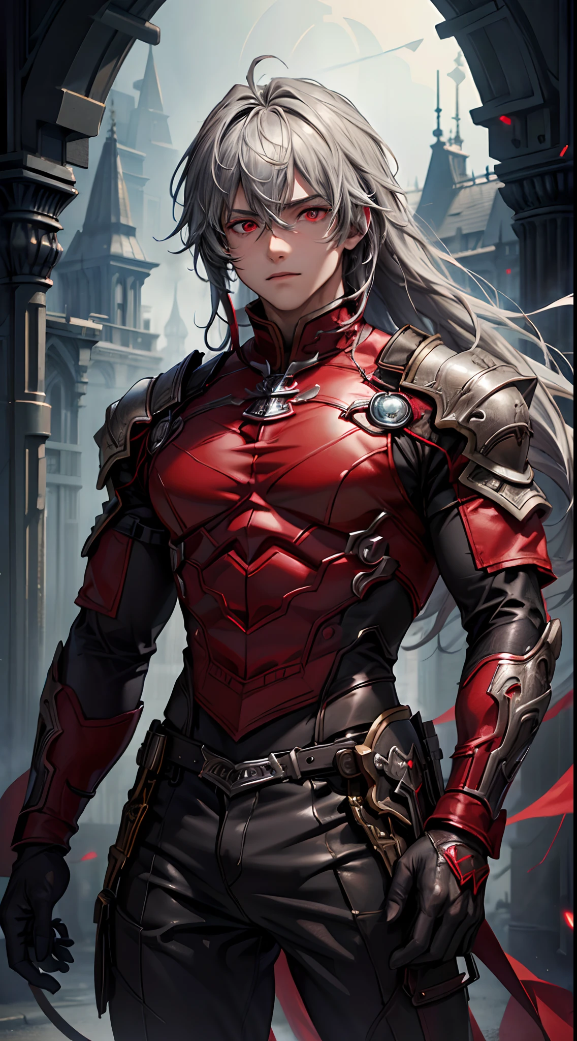 (Man), (Solo), 1boy, high resolution, ultra detailed, best quality, amazing, top quality, extremely detailed CG unity, detailed glowing red eyes, depth of field, red clothes, half body, cinematic lighting, dark boy, silver long hair, red eyes, detailed eyes, killer machine, foggy atsmophere, sparkling bloods, dark fantasy.