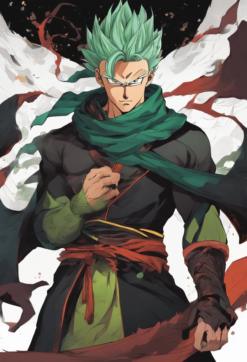(manga, manga cover), Manga, style, manga cover, novel cover, Certainly! Imagine an anime cover featuring a Dragon Ball character with a striking and eerie appearance. The character has wild, untamed white hair that cascades down their back like a waterfall of frost. Two menacing black horns protrude from their forehead, curving slightly backward. Their eyes are a piercing, unnatural shade of glowing green, radiating an unsettling energy.
This character is clad in a vibrant green gi, which billows around them as if caught in a ghostly wind. Beneath the gi, they wear a form-fitting black undershirt that adds to their mysterious aura. The combination of the green and black attire accentuates the otherworldly presence of this character, making them stand out against a dark, moody background. This anime cover hints at a powerful and enigmatic figure, ready to captivate viewers with their mystique, monochrome, vector lines