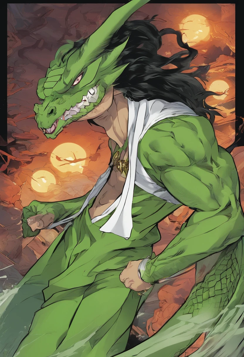 (manga, manga cover), Manga, style, manga cover, novel cover, Certainly! Imagine an anime cover featuring a Dragon Ball character with a striking and eerie appearance. The character has wild, untamed white hair that cascades down their back like a waterfall of frost. Two menacing black horns protrude from their forehead, curving slightly backward. Their eyes are a piercing, unnatural shade of glowing green, radiating an unsettling energy.

This character is clad in a vibrant green gi, which billows around them as if caught in a ghostly wind. Beneath the gi, they wear a form-fitting black undershirt that adds to their mysterious aura. The combination of the green and black attire accentuates the otherworldly presence of this character, making them stand out against a dark, moody background. This anime cover hints at a powerful and enigmatic figure, ready to captivate viewers with their mystique, monochrome, vector lines