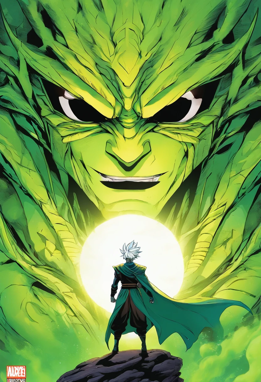 (manga, manga cover), Manga, style, manga cover, novel cover, Certainly! Imagine an anime cover featuring a Dragon Ball character with a striking and eerie appearance. The character has wild, untamed white hair that cascades down their back like a waterfall of frost. Two menacing black horns protrude from their forehead, curving slightly backward. Their eyes are a piercing, unnatural shade of glowing green, radiating an unsettling energy.
This character is clad in a vibrant green gi, which billows around them as if caught in a ghostly wind. Beneath the gi, they wear a form-fitting black undershirt that adds to their mysterious aura. The combination of the green and black attire accentuates the otherworldly presence of this character, making them stand out against a dark, moody background. This anime cover hints at a powerful and enigmatic figure, ready to captivate viewers with their mystique, monochrome, vector lines
