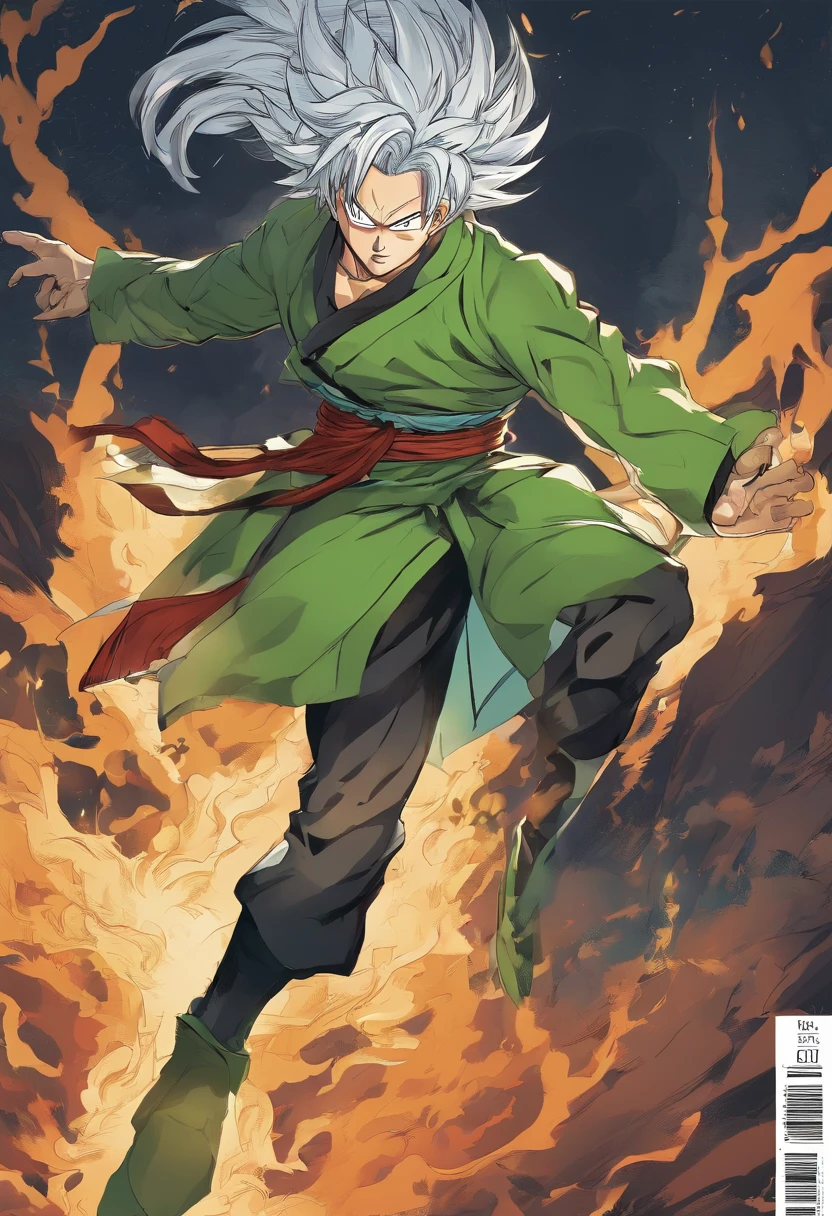(manga, manga cover), Manga, style, manga cover, novel cover, Certainly! Imagine an anime cover featuring a Dragon Ball character with a striking and eerie appearance. The character has wild, untamed white hair that cascades down their back like a waterfall of frost. Two menacing black horns protrude from their forehead, curving slightly backward. Their eyes are a piercing, unnatural shade of glowing green, radiating an unsettling energy.
This character is clad in a vibrant green gi, which billows around them as if caught in a ghostly wind. Beneath the gi, they wear a form-fitting black undershirt that adds to their mysterious aura. The combination of the green and black attire accentuates the otherworldly presence of this character, making them stand out against a dark, moody background. This anime cover hints at a powerful and enigmatic figure, ready to captivate viewers with their mystique, monochrome, vector lines