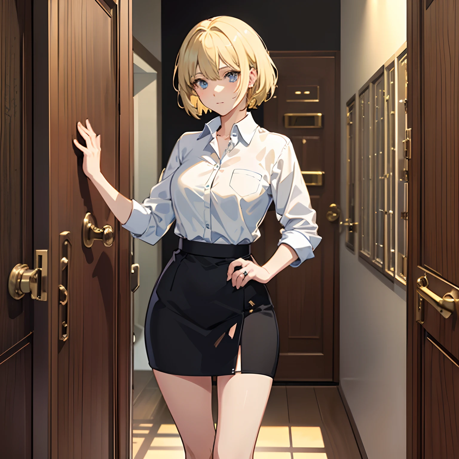 1girll，(short blonde hair:1.6)，Business suit，Skirt that wraps hips，black short socks，Mature and beautiful，Rich and noble families，In the corridor of the villa，(Knocking on the door:2)，facing away from the audience，Ultra-detailed CG，Exquisite facial features，Clear facial expressions，Detailed digital anime art，Digital anime art，High quality anime art style