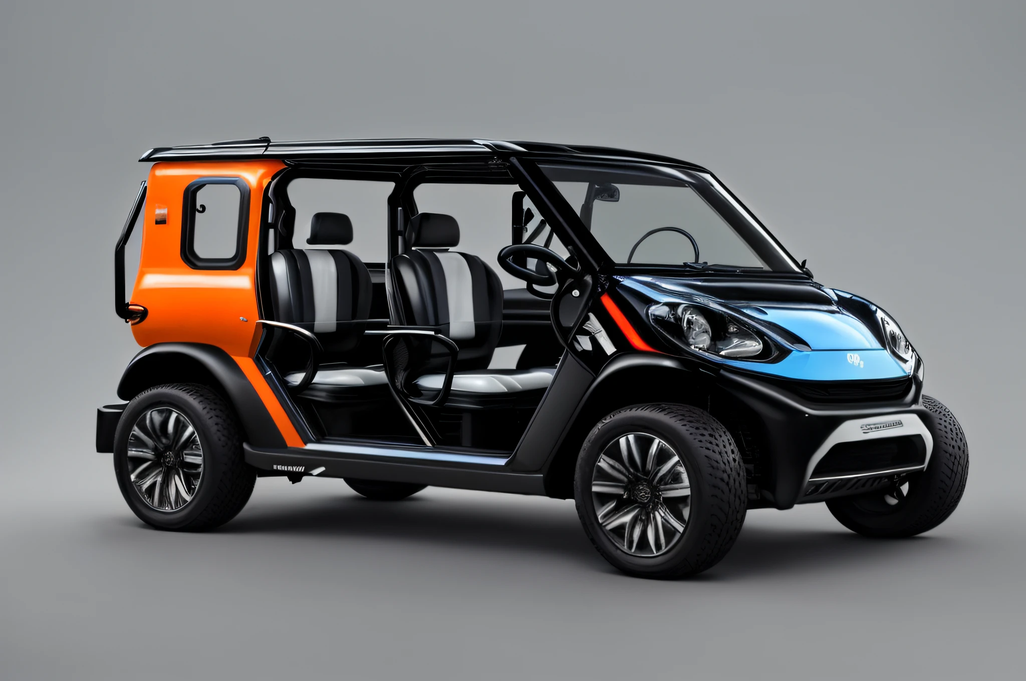 an electric car,similar to a golf cart,without doors, four seater, made by university students,(best quality,highres),ultra-detailed,modern,innovative design,(sustainable,eco-friendly:1.1) material,[compact],[efficient],[minimalistic],unconventional,bright color palette,attention to aerodynamics,[futuristic],[lightweight],[renewable energy:0.9],[high-tech],[smart navigation system:1.1],[touchscreen display:1.1],(seamless integration:1.1) of technology and design,[compact size:0.9],(sleek lines),dynamic,electric blue accents,[quiet operation:1.2],[zero emissions:1.1],[energy-efficient:1.1] LED lights,[smooth ride:1.1],[comfortable seating:1.1],visible solar panels,(urban environment),(university campus),(creative decals),youthful vibe,inspiring,impressive,practical solution for modern transportation
