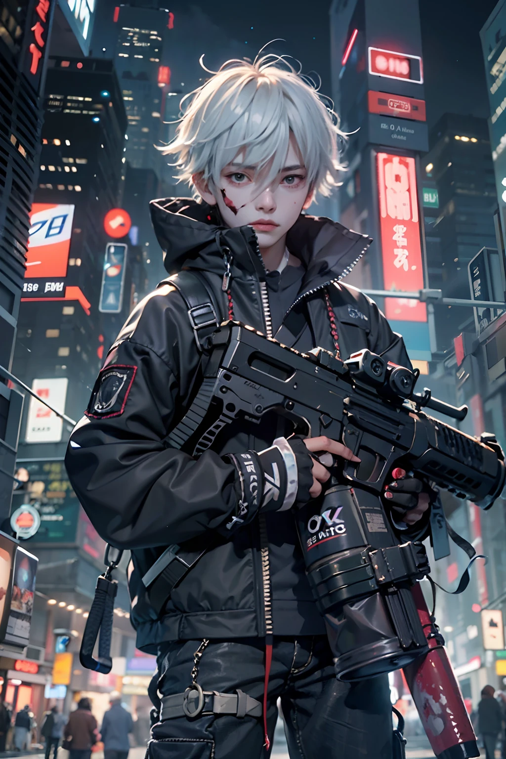 1boy,(a 13 yo boy:1.5)、Anime-style protagonist、Cyberpunk Boy、Black attire、silber hair、machine gun、Chain sickle、Whole body bloody、The beginning of the adventure、Lots of clouds,heavy fog、Moon,Chaotic city of the future、dystopian、Dim lighting、Chaotic、Beautiful and fantastic scenery、Cinematic scenery、hightquality、masutepiece,in 8K、hight resolution、