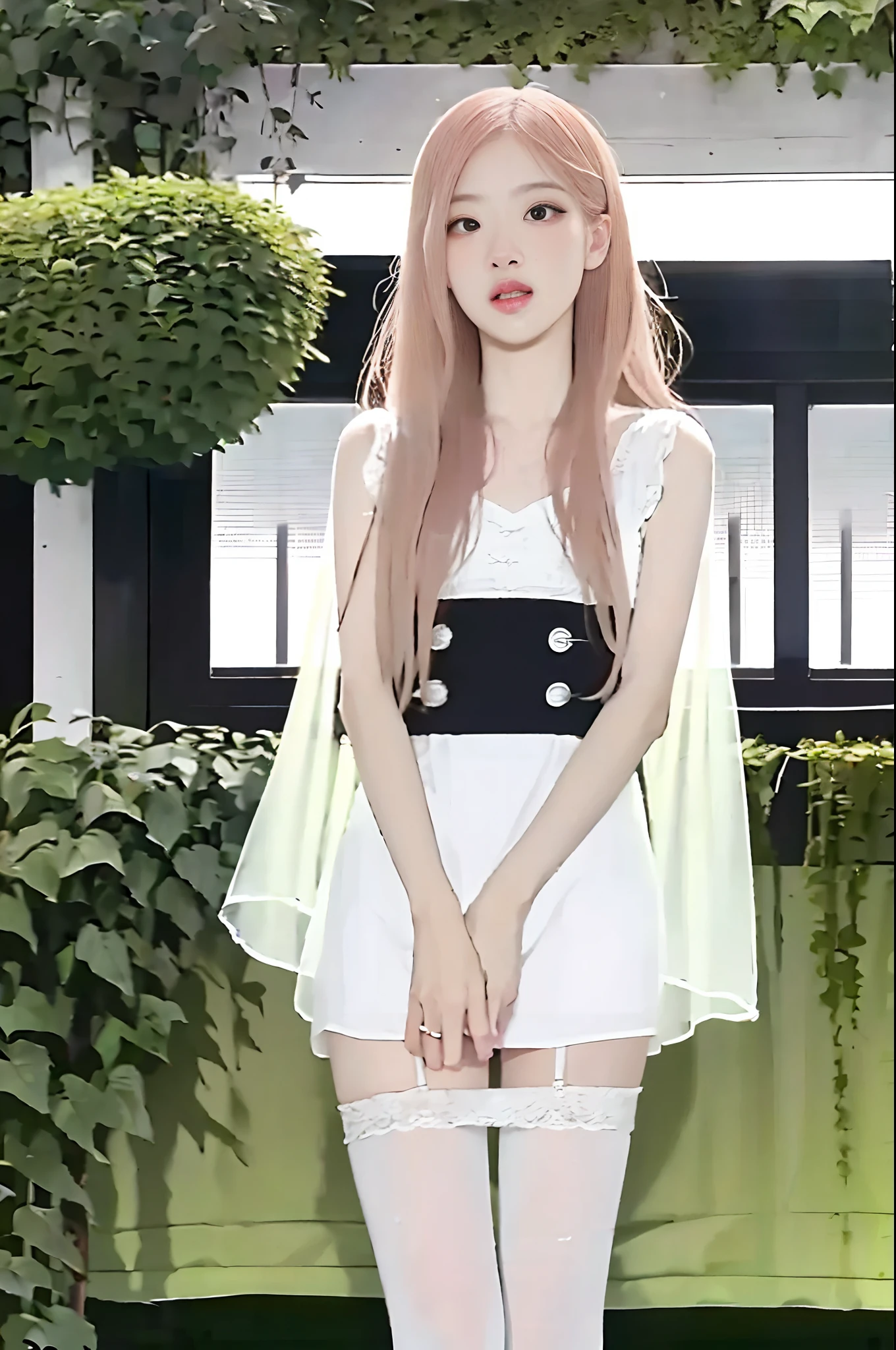 Blackpink Rosé, ((European pre-teen)), excited girl, tiny nightgown, white tights up to the waist, no panties, vagina with small hairs, close-up from thighs to face, shot from below, very fair skin, very long hair, wavy hair, blonde hair, Garden, sunrise, photorealistic, Indirect lighting, volumetric light, ray tracing, hyper-detailed, best quality, ultra-high resolution, HDR, 8k