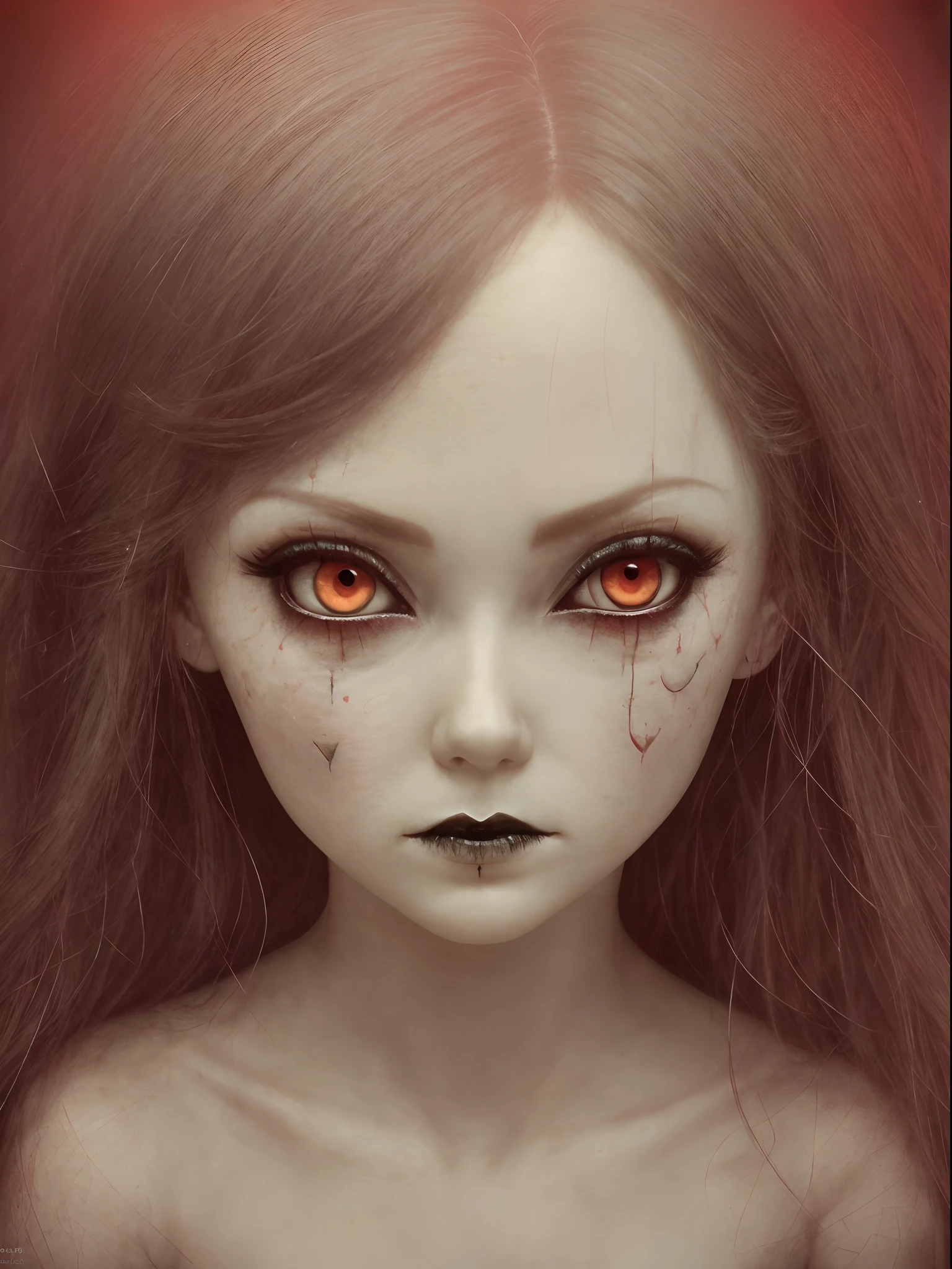 image of a creepy doll with red eyes and long hair, with red glowing eyes, cute face. dark fantasy, lori earley, girl with white eyes, with haunted eyes and dark hair, red glowing eyes, frightened look, gothic girl face, portrait of evil girl, with glowing red eyes, benjamin lacombe, looks like christina ricci
