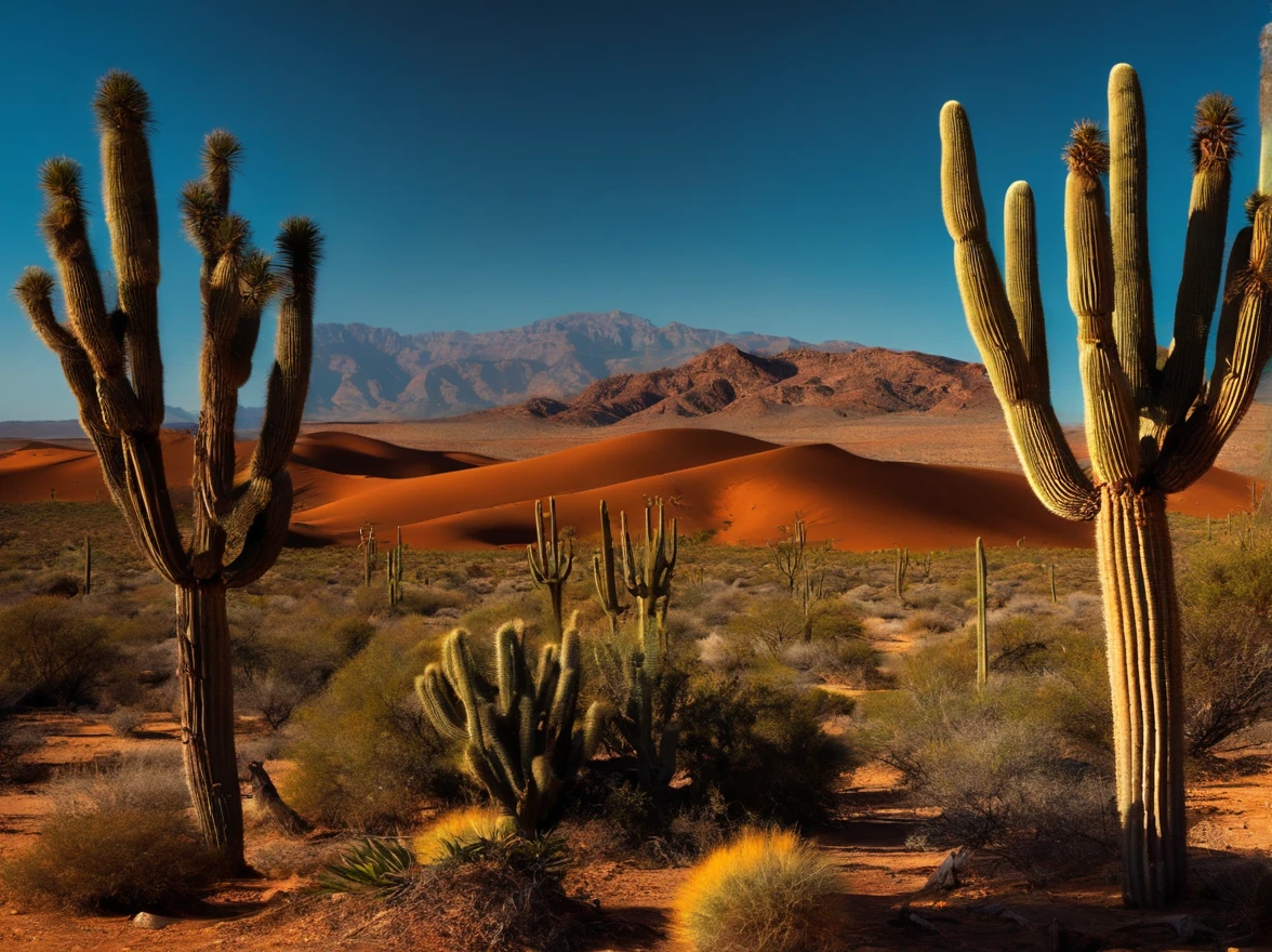 Arid terrain, only ochre, arbustos espinhosos retorcidos, folhas verdes, Flores vibrantes, sol escaldante, Deep blue sky, sharp shadows, cactos do deserto, heat distortion, birds flying, colinas no fundo.