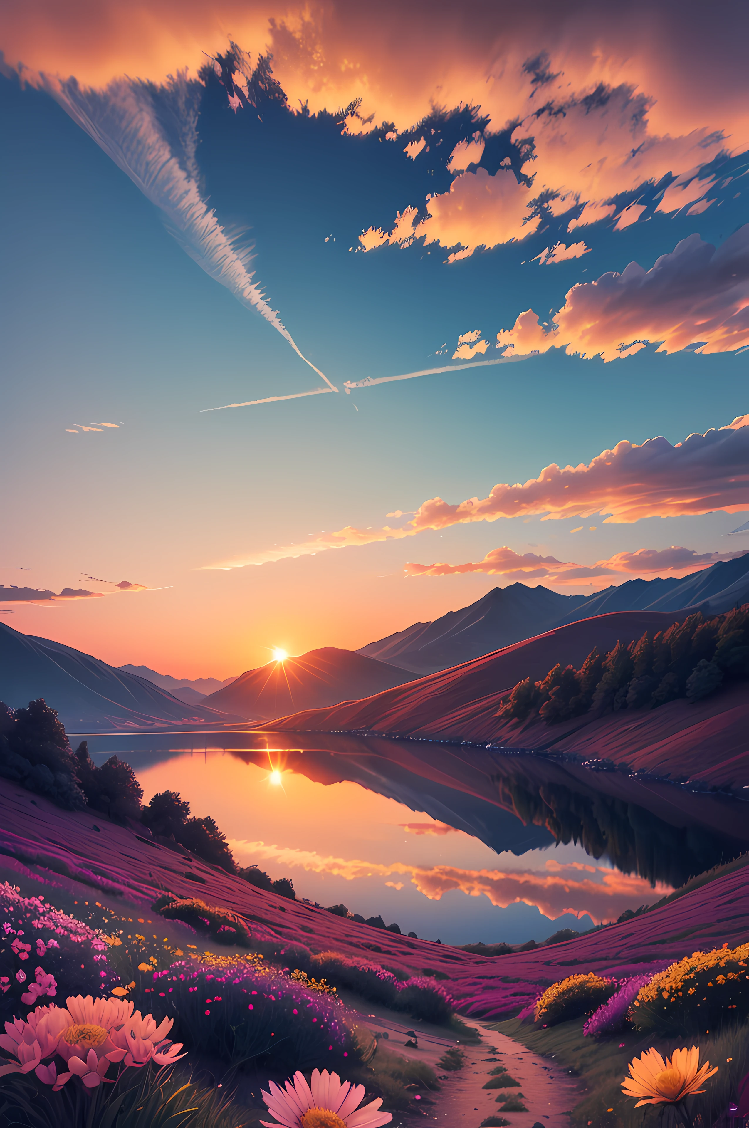 There is a beautiful sunset, the hillside is covered with flowers and plants, the flowers are up close, the colorful sky, the surreal colors, the colorful sunsets, the colorful sky, the marvelous sky reflection, the amazing sky, the fantastic atmosphere 8K, the colorful clouds, the color reflection on the lake, the surreal sky, the red and blue reflection, the fire reflection, the beautiful sky, the beautiful and spectacular dusk, the beautiful dream landscape, the amazing sky