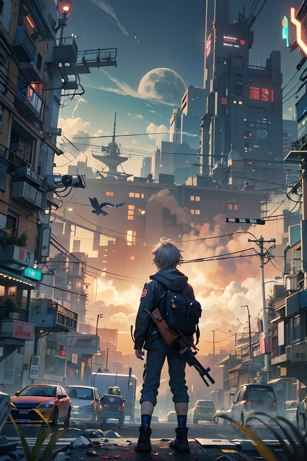 1boy,(a boy:1.5)、Anime-style protagonist、Cyberpunk Boy、Black attire、silber hair、machine gun、Chain sickle、Whole body bloody、The beginning of the adventure、Lots of clouds,heavy fog、Moon,Chaotic city of the future、dystopian、Dim lighting、Chaotic、Beautiful and fantastic scenery、Cinematic scenery、hightquality、masutepiece,in 8K、hight resolution、
