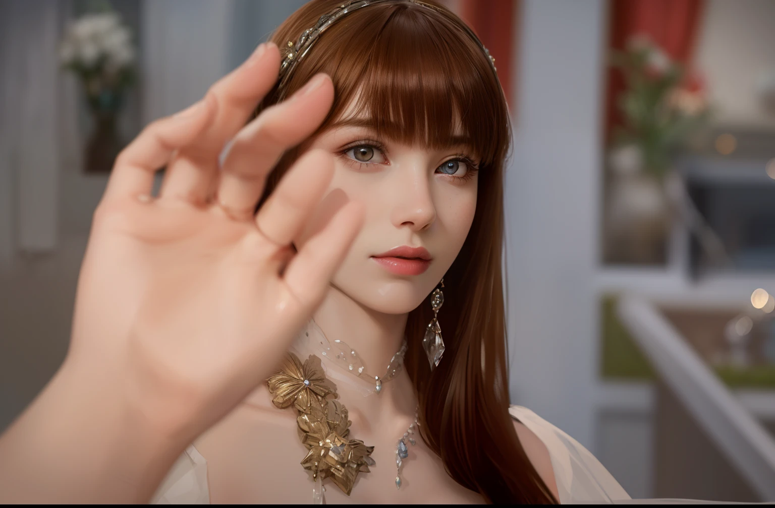 (Ultra-high quality masterpiece,Beautiful bust of an 18-year-old noble girl,Classical coiled hair,Hair pocket,The eyes are shiny and clear,Floral craftsmanship,crystal、Diamond jewelry,Ultra-fine details,Soft lighting)