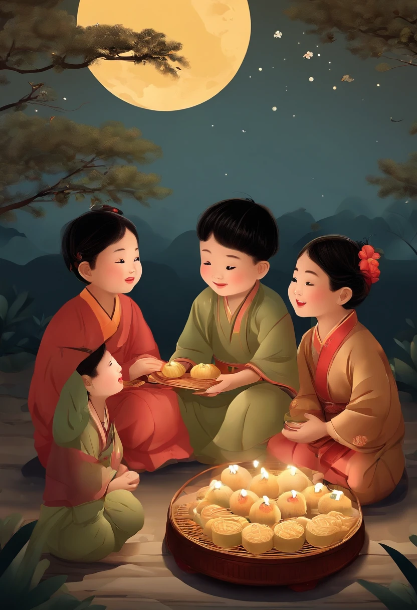 A group of people talk under the full moon,Fruit on the mouth,Mooncakes,A child holding a lantern,Eating rice balls