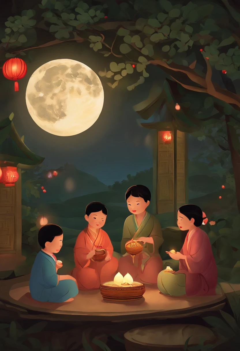 A group of people talk under the full moon,Fruit on the mouth,Mooncakes,A holding a lantern,Eating rice balls