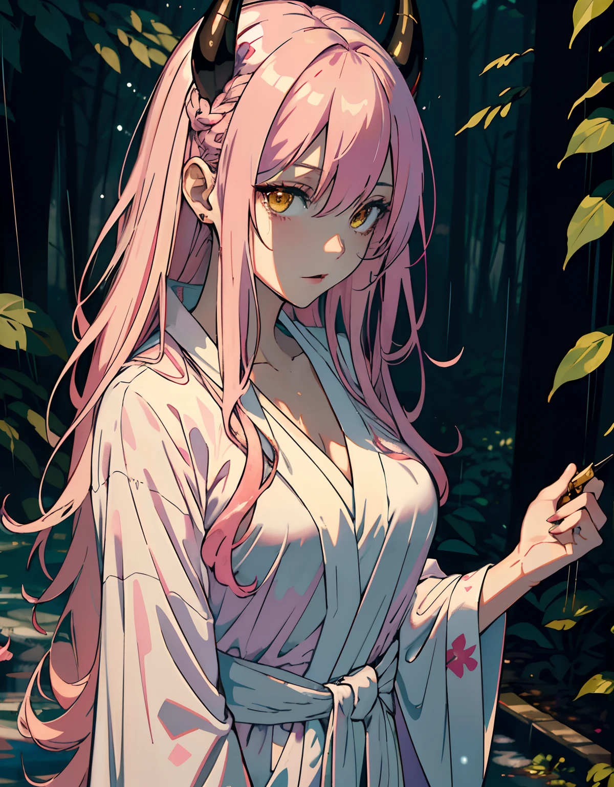 ((masterpiece, best quality)), (1girl, anime girl in night rain, forest),(mature, devil horn, pale skin), (solo), (female focus), (pink hair, long hair),yellow eyes, ((robe)), pale skin, evil, vicious, yandere, portraits, close up, upper body, vibrant colors, soft lighting