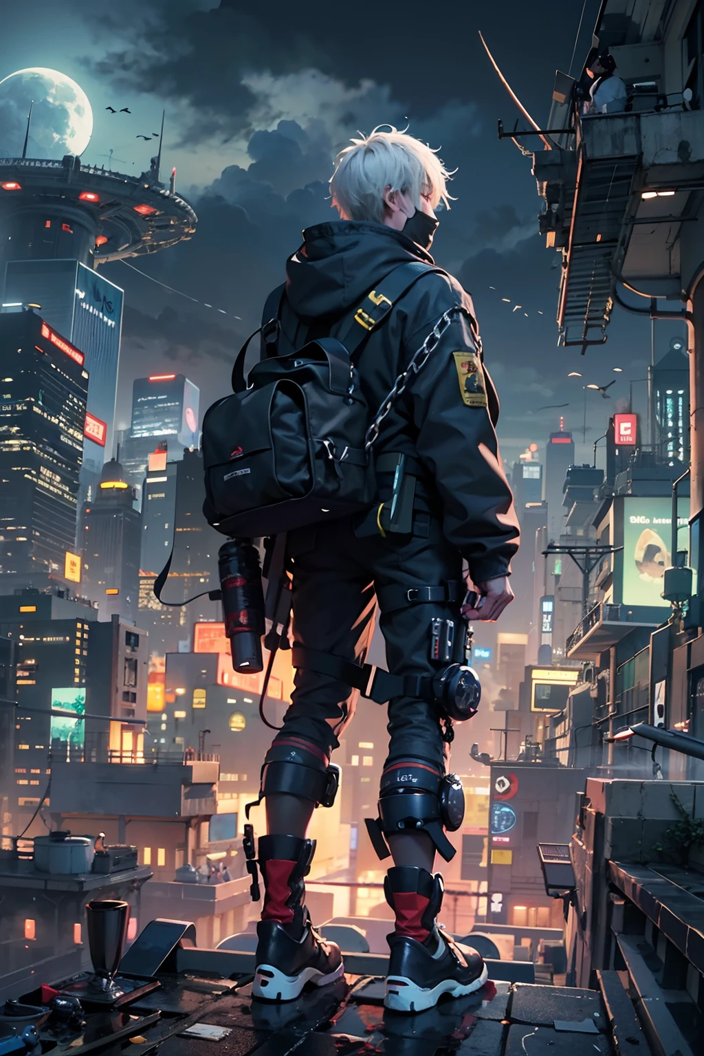 1boy,(a 13 yo boy:1.5)、Anime-style protagonist、Cyberpunk Boy、Black attire、silber hair、machine gun、Chain sickle、Whole body bloody、The beginning of the adventure、Lots of clouds,heavy fog、Moon,Chaotic city of the future、dystopian、Dim lighting、Chaotic、Beautiful and fantastic scenery、Cinematic scenery、hightquality、masutepiece,in 8K、hight resolution、