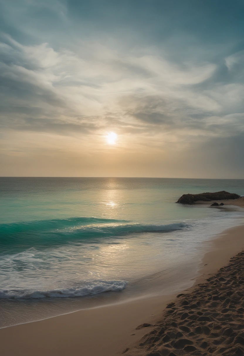 Una imagen hiperrealista de estilo de arte digital en 16:Formato 9, Millia Rage, Vista posterior, cabello largo y rubio, ojos verdes, piel clara, de pie en la esquina inferior izquierda, mirando hacia el sol, Playa de arena blanca, cielo azul claro con algunas nubes blancas, palmeras altas, Clear turquoise water with small waves, a pocos metros frente a ella, sin personas, sin objetos
